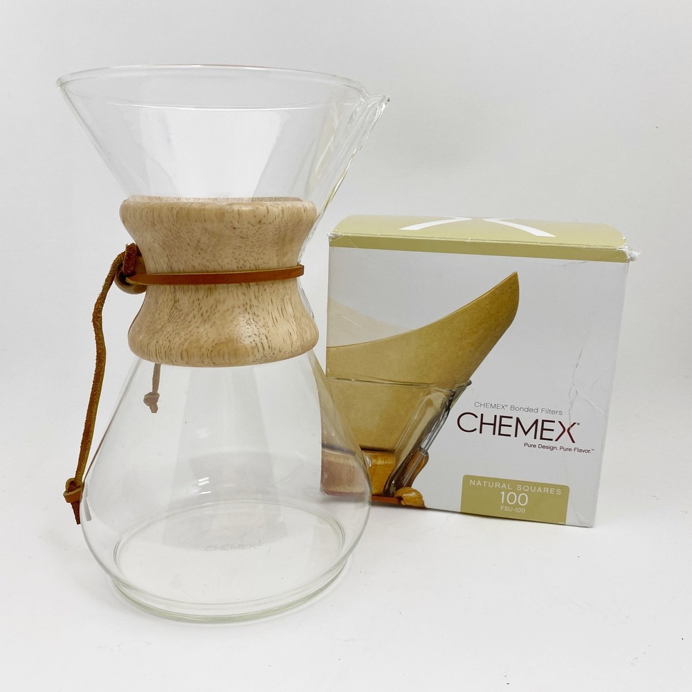 Chemex Classic Wood Collar 8-Cup Pour Over Glass Coffee Maker + Filters Clear